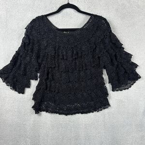 Whimsigoth Black Crochet Lace Silk Top L/XL Tiered Ruffle Fairy Boho Festival